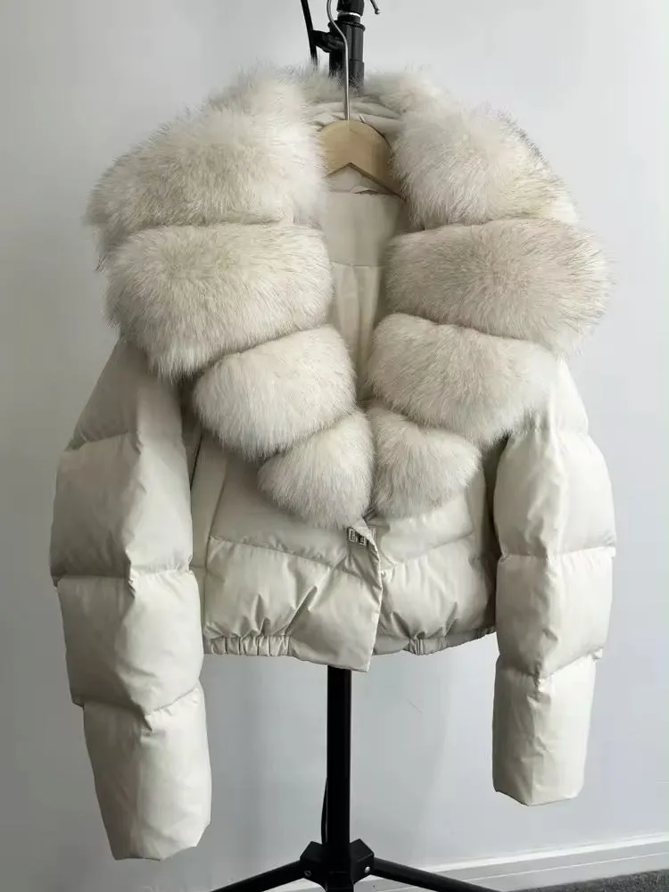 Luxurious Women's Short Down Jacket with Genuine Fur Trim. Oversized jacket plus size