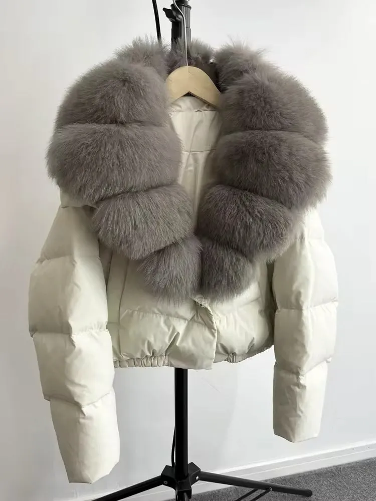 Luxurious Women's Short Down Jacket with Genuine Fur Trim. Oversized jacket plus size