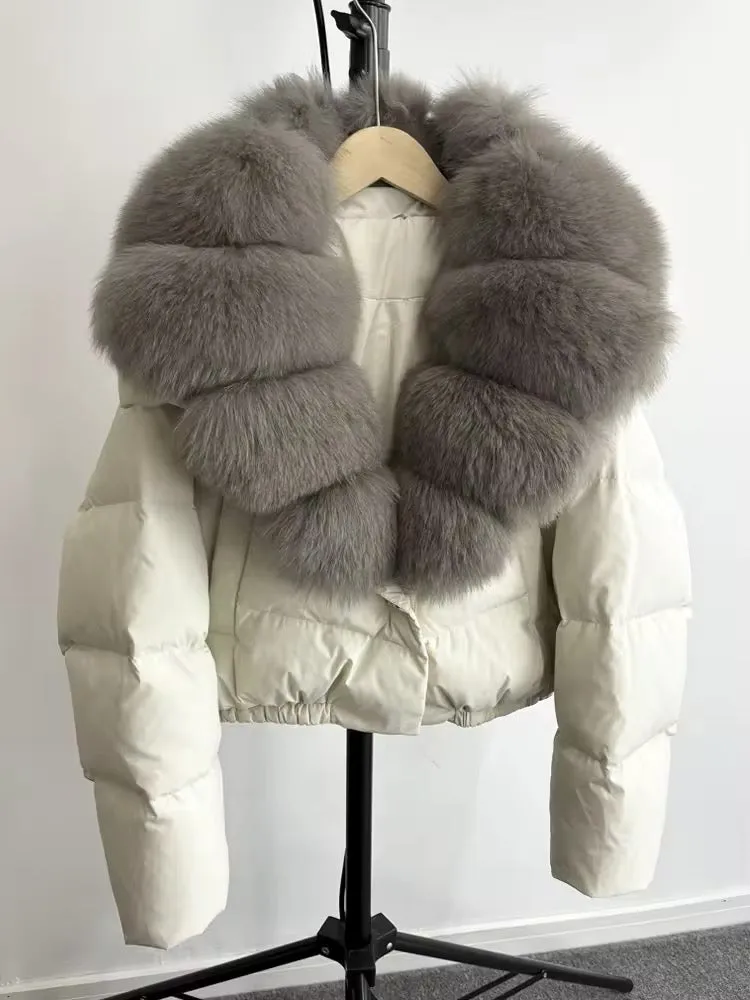 Luxurious Women's Short Down Jacket with Genuine Fur Trim. Oversized jacket plus size