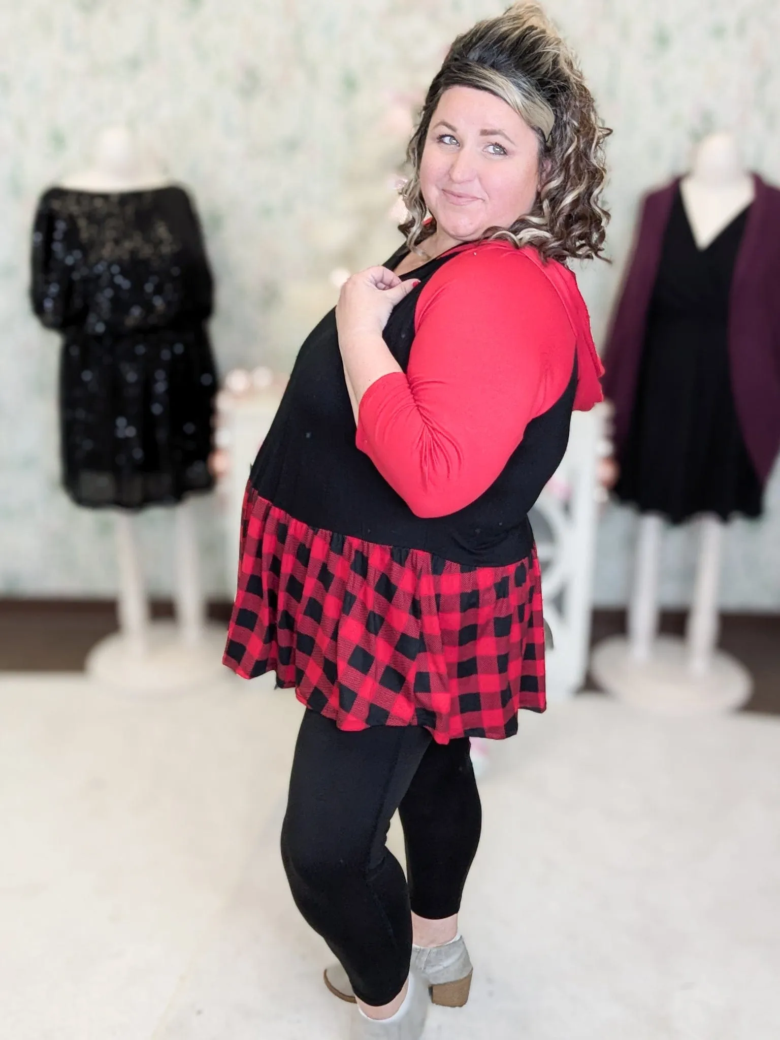 Maisie Hooded Babydoll Top in Red & Black Buffalo Plaid