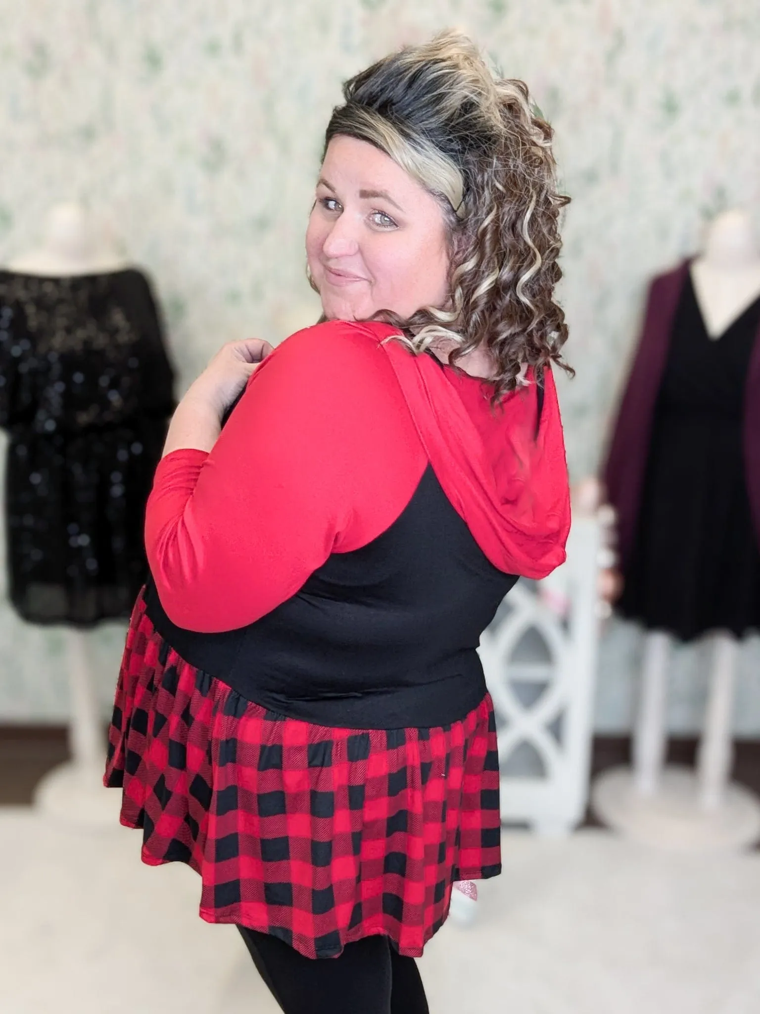 Maisie Hooded Babydoll Top in Red & Black Buffalo Plaid