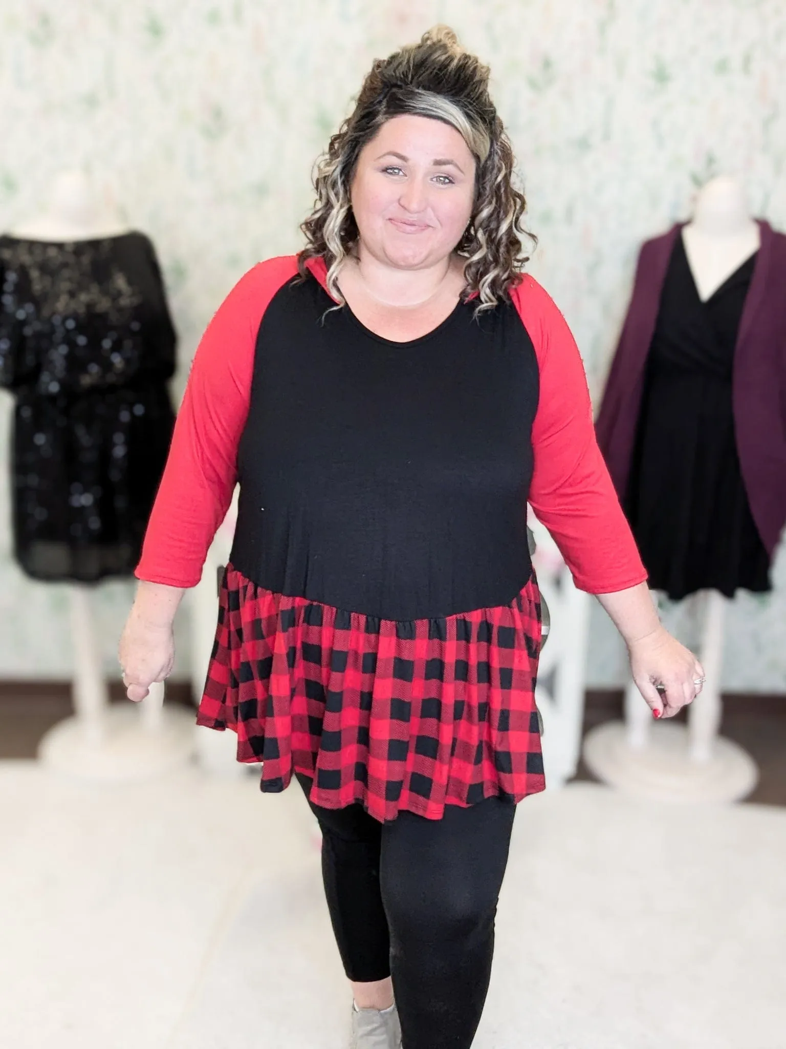 Maisie Hooded Babydoll Top in Red & Black Buffalo Plaid