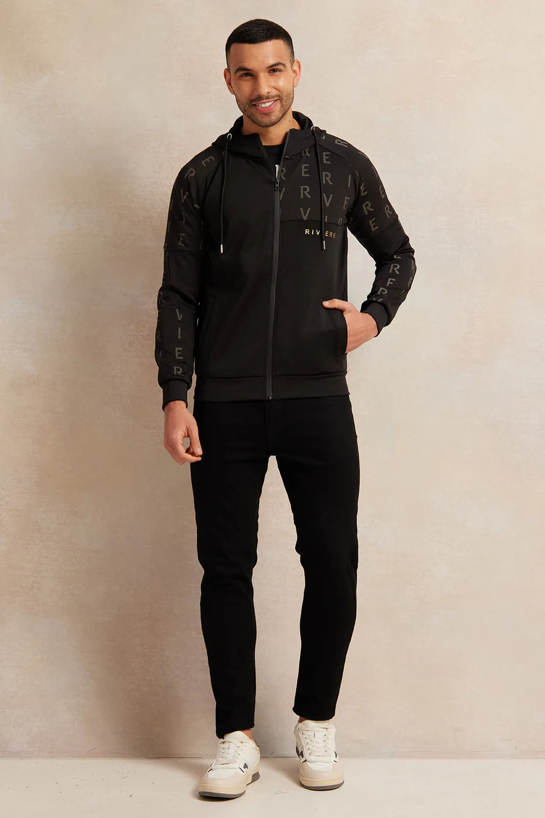 Men Black And Olive Hooded Zip Through Sweatshirt