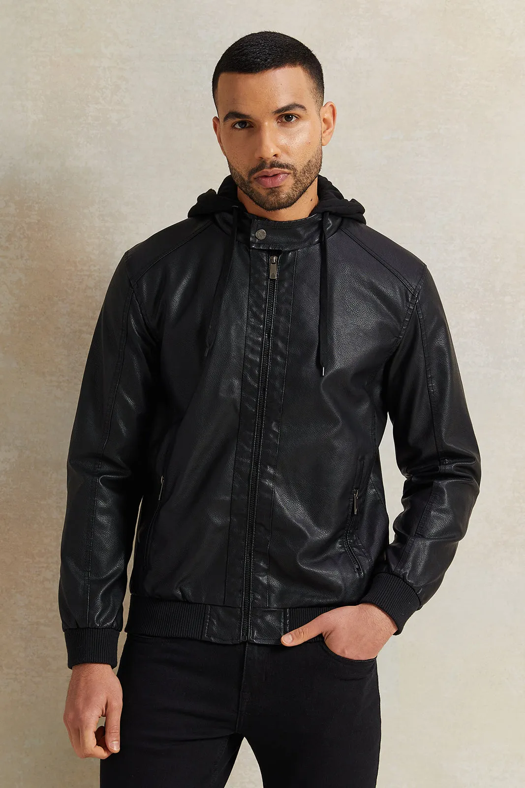 Men Black Fux Leather Hooded Biker Jacket