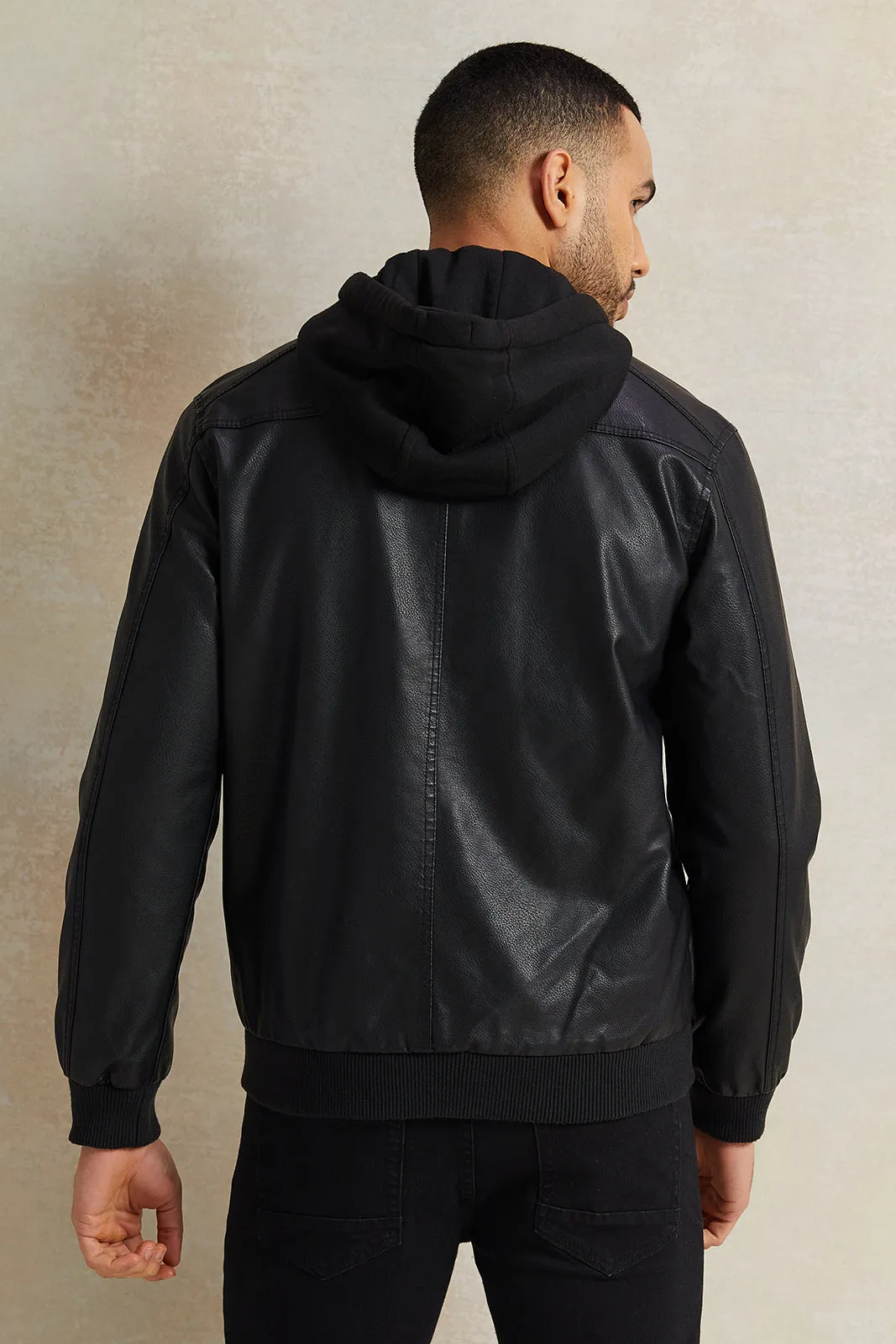 Men Black Fux Leather Hooded Biker Jacket