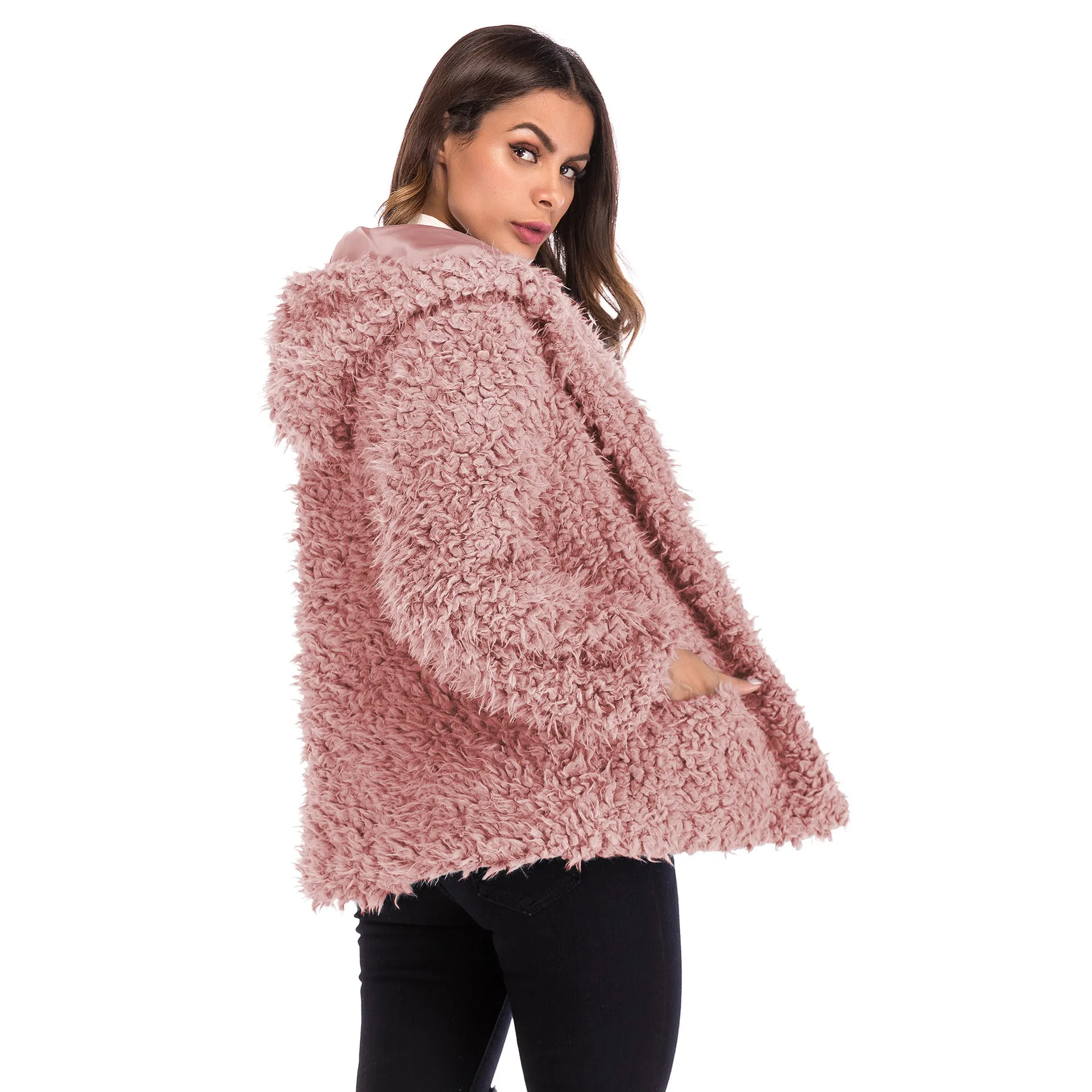 METAVERSMALL 2025 2025 trade furry hooded jacket women's New autumn and winter new fashion long-sleeved loose thickened warm coat