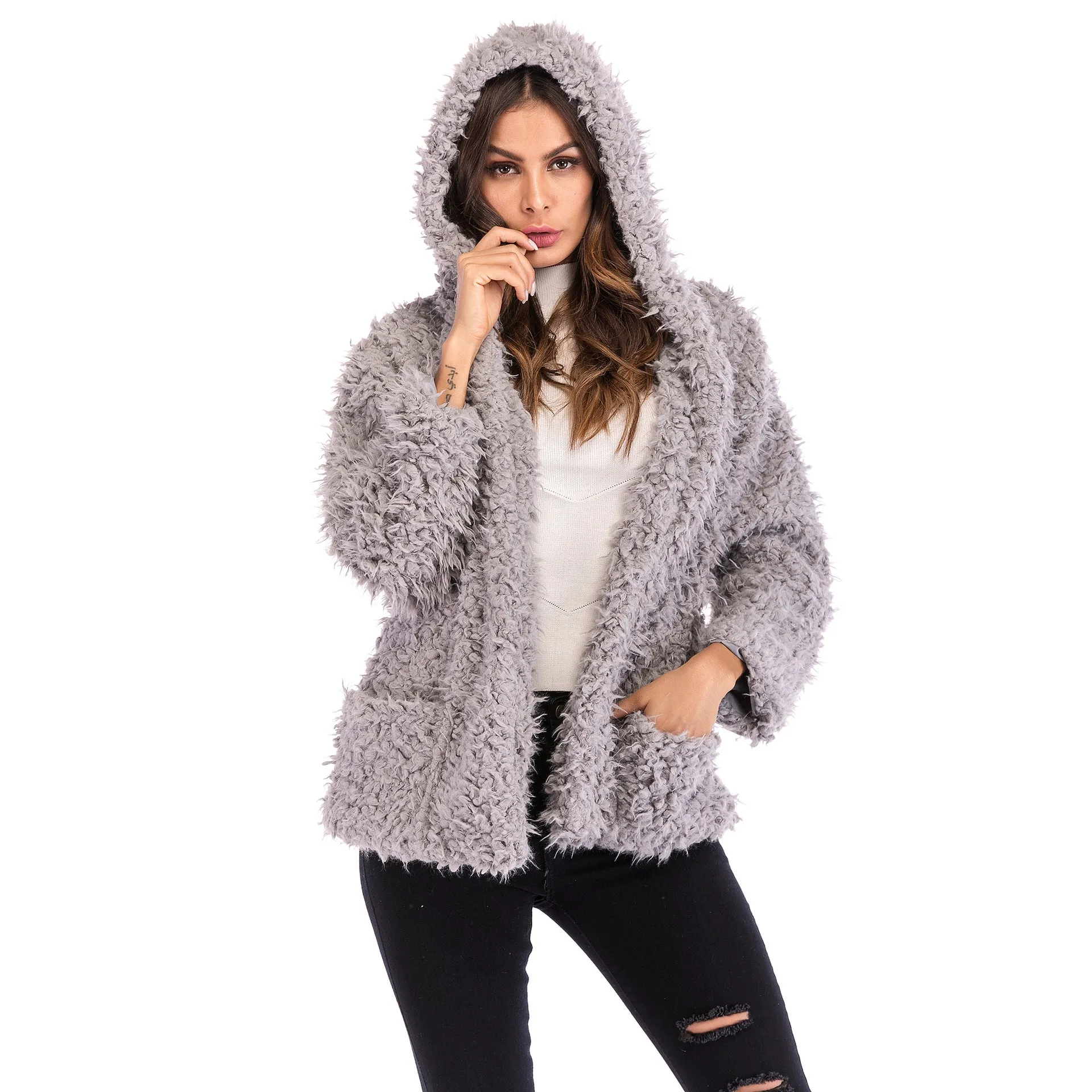 METAVERSMALL 2025 2025 trade furry hooded jacket women's New autumn and winter new fashion long-sleeved loose thickened warm coat