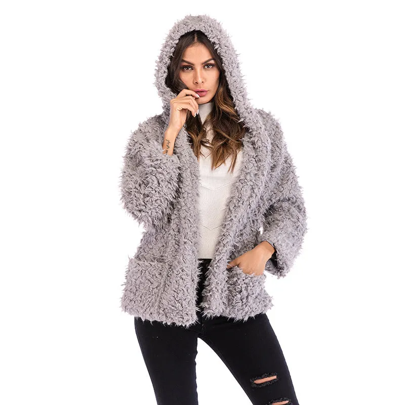 METAVERSMALL 2025 2025 trade furry hooded jacket women's New autumn and winter new fashion long-sleeved loose thickened warm coat