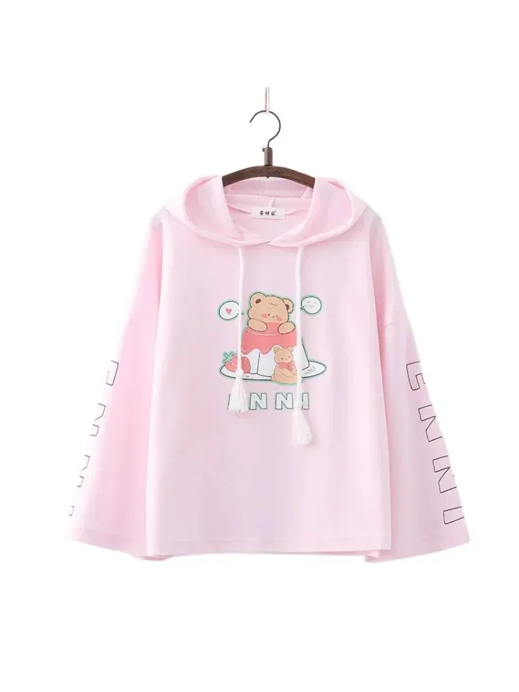 Metaversmall Cartoon Bear Print Cotton Hoodies Women 2024 Spring Flare Sleeve Drawstring Hooded Sweatshirt Sweet Style Female Kawaii Tops