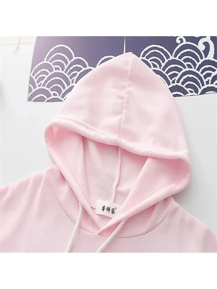 Metaversmall Cartoon Bear Print Cotton Hoodies Women 2024 Spring Flare Sleeve Drawstring Hooded Sweatshirt Sweet Style Female Kawaii Tops