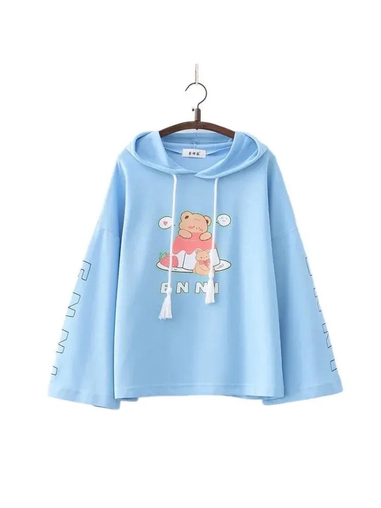 Metaversmall Cartoon Bear Print Cotton Hoodies Women 2024 Spring Flare Sleeve Drawstring Hooded Sweatshirt Sweet Style Female Kawaii Tops