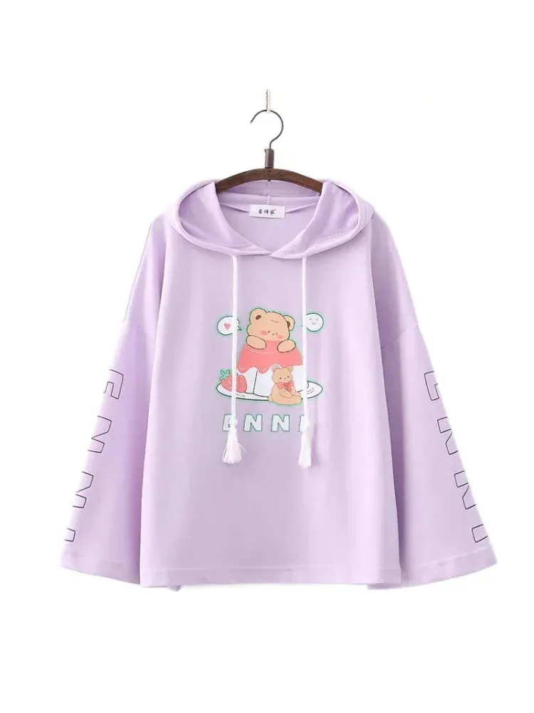 Metaversmall Cartoon Bear Print Cotton Hoodies Women 2024 Spring Flare Sleeve Drawstring Hooded Sweatshirt Sweet Style Female Kawaii Tops