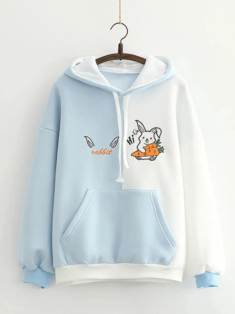 Metaversmall Cartoon Rabbit Embroidery Patchwork Women Hooded Sweatshirts 2023 Autumn Long Sleeve Pocket Kawaii Cute Hoodies Sweet Pullover