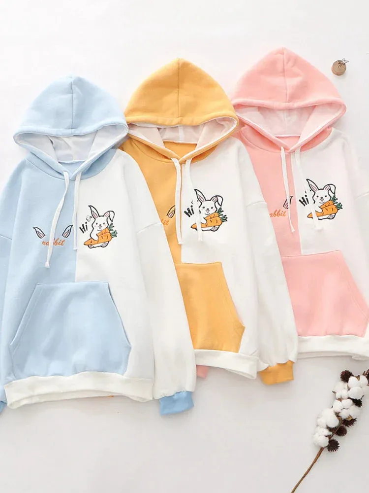 Metaversmall Cartoon Rabbit Embroidery Patchwork Women Hooded Sweatshirts 2023 Autumn Long Sleeve Pocket Kawaii Cute Hoodies Sweet Pullover