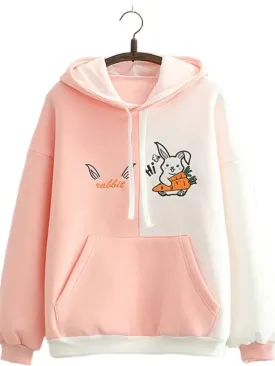 Metaversmall Cartoon Rabbit Embroidery Patchwork Women Hooded Sweatshirts 2023 Autumn Long Sleeve Pocket Kawaii Cute Hoodies Sweet Pullover