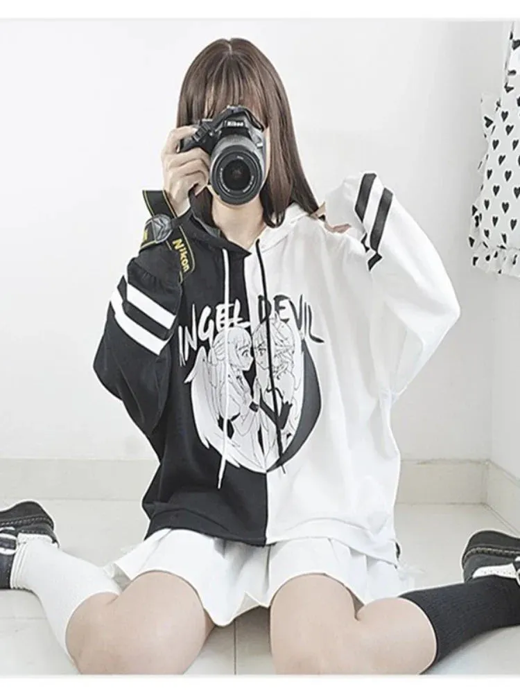 Metaversmall Kawaii Women Hooded Hoodies Long Sleeve Lovely Patchwork Cute Girls Sweet Sweatshirt Female Pullovers