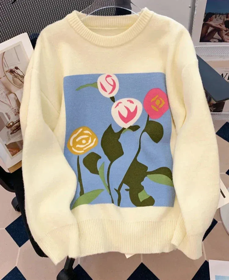 Metaversmall Soft Sweet Beige Sweater Women Winter Japanese Style Vintage Loose Pullover Florals Knitwear Female Sweaters Warm