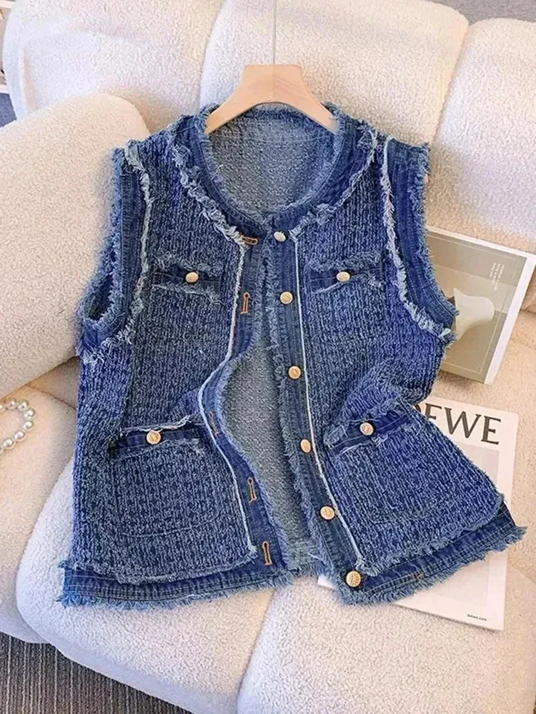 Metaversmall Spring Autumn Blue Plaid Denim Women's Vest with Tassel Elegant Fashion Women Single Breasted Flow Sleeveless Tank Top Coat