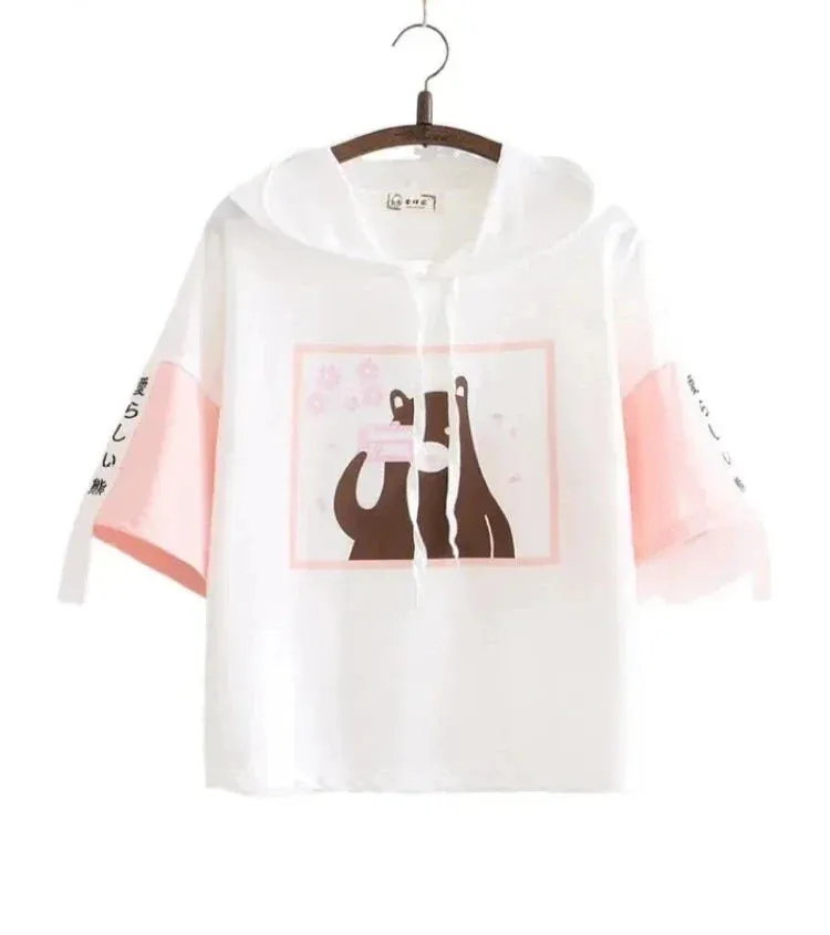 Metaversmall Summer Hooded T Shirts cartoon print short Sleeve cotyon Tee Shirt Femme Pink White Women Basic T-Shirt Casual Female Tops