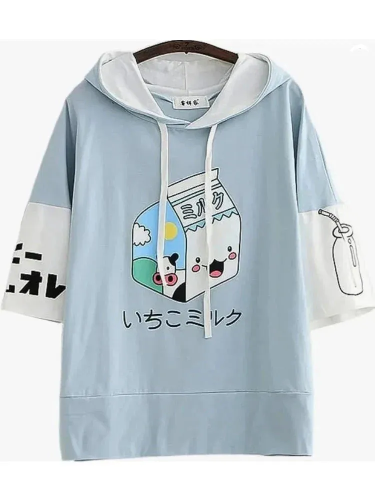 Metaversmall Summer Hooded T Shirts cartoon print short Sleeve cotyon Tee Shirt Femme Pink White Women Basic T-Shirt Casual Female Tops