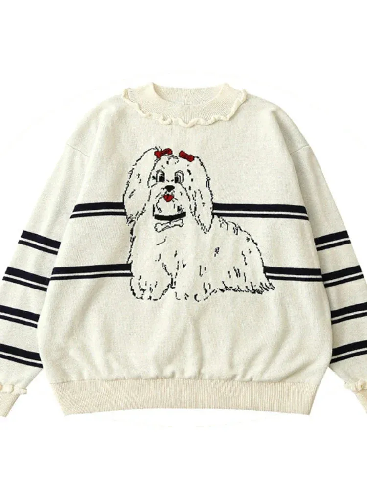 Metaversmall Women Cartoon Dog Embroidery Knitted Sweaters And Pullovers Ruffles Patchwork Girls Knit Jumpe Sweater Jacquard