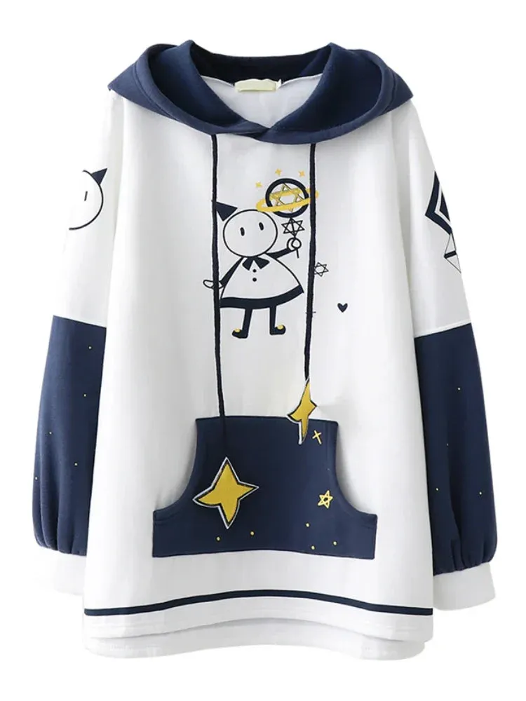 Metaversmall Women Hoodies Sweatshirts Cartoon Snowman Sweet White Long Hoodie Hooded Sweatshirt Dress Cute Female Pullovers