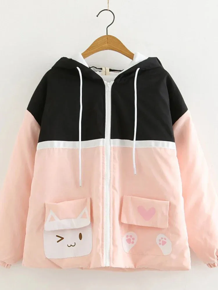 Metaversmall Women's Cartoon Print Harajuku Cotton Coat Patchwork  Jackets 2023 Winter Long Sleeve Hooded Warm Parka