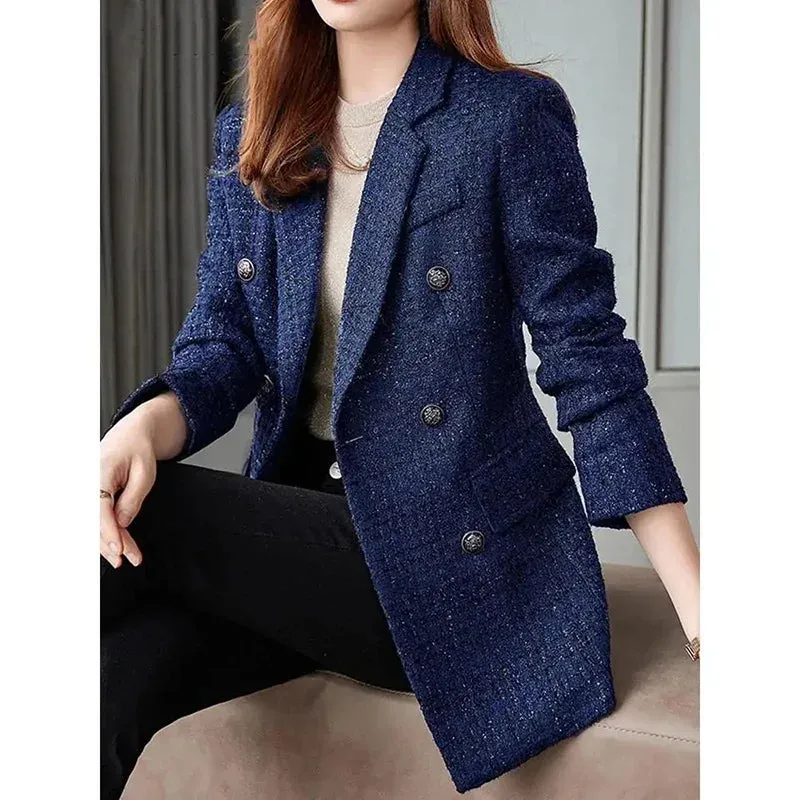 Metaversmall Women's Casual Long Slee Double-Breasted Tweed Blazers French Elegance Thick Long Overcoat with Button for Winter Women Blazers