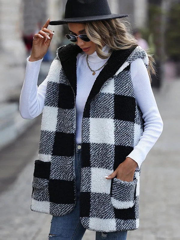 Mid-Length Hooded Sleeveless Plaid Double-Faced Fleece Loose Coat