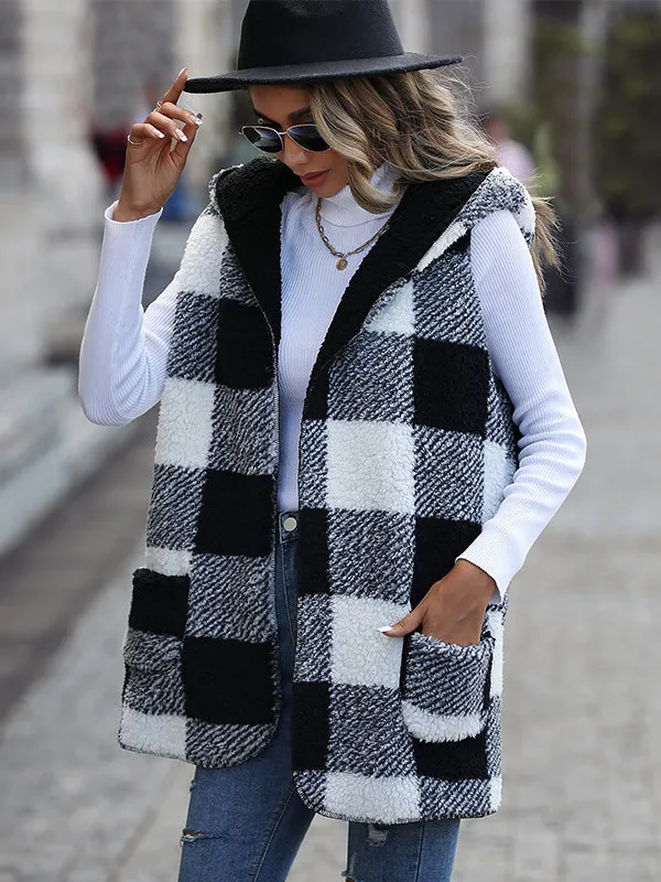 Mid-Length Hooded Sleeveless Plaid Double-Faced Fleece Loose Coat