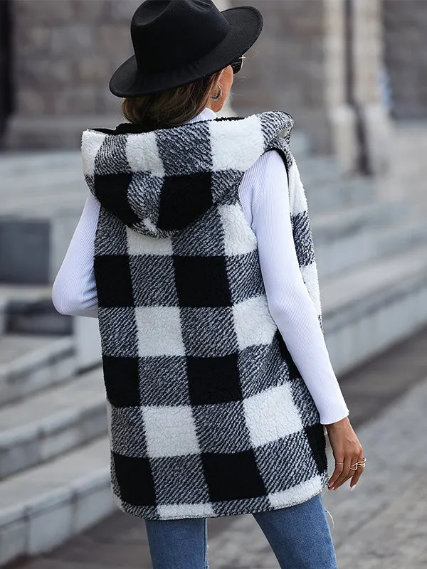 Mid-Length Hooded Sleeveless Plaid Double-Faced Fleece Loose Coat