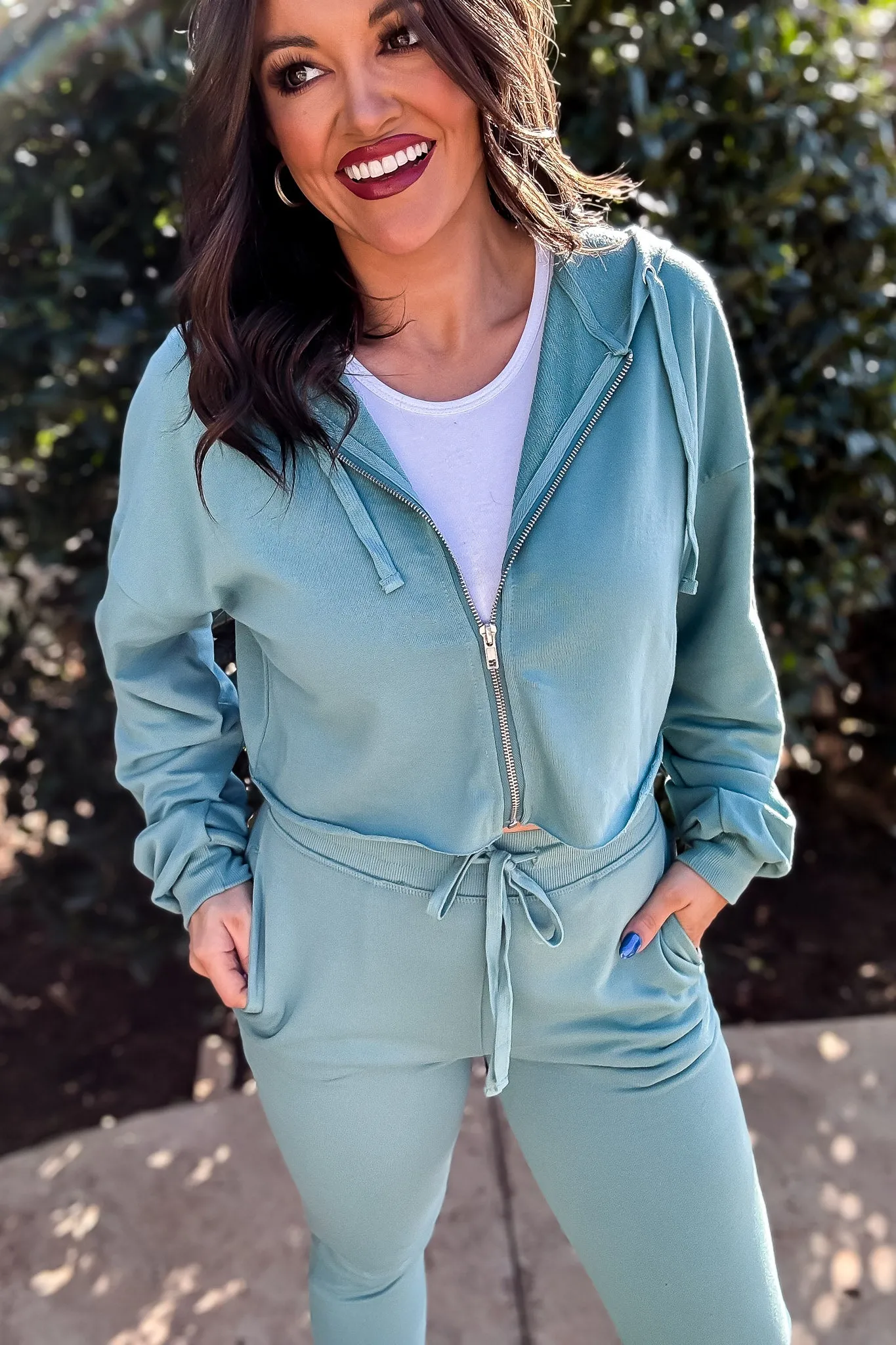 Mono B Grey Teal Crop Hoodie Zip-Up French Terry Jacket