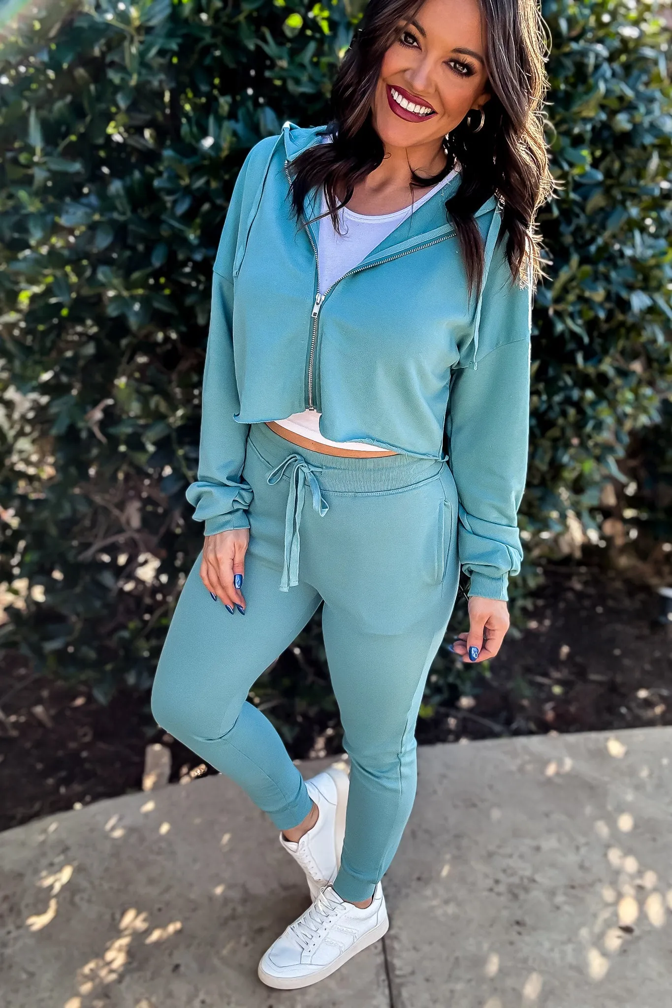 Mono B Grey Teal Crop Hoodie Zip-Up French Terry Jacket