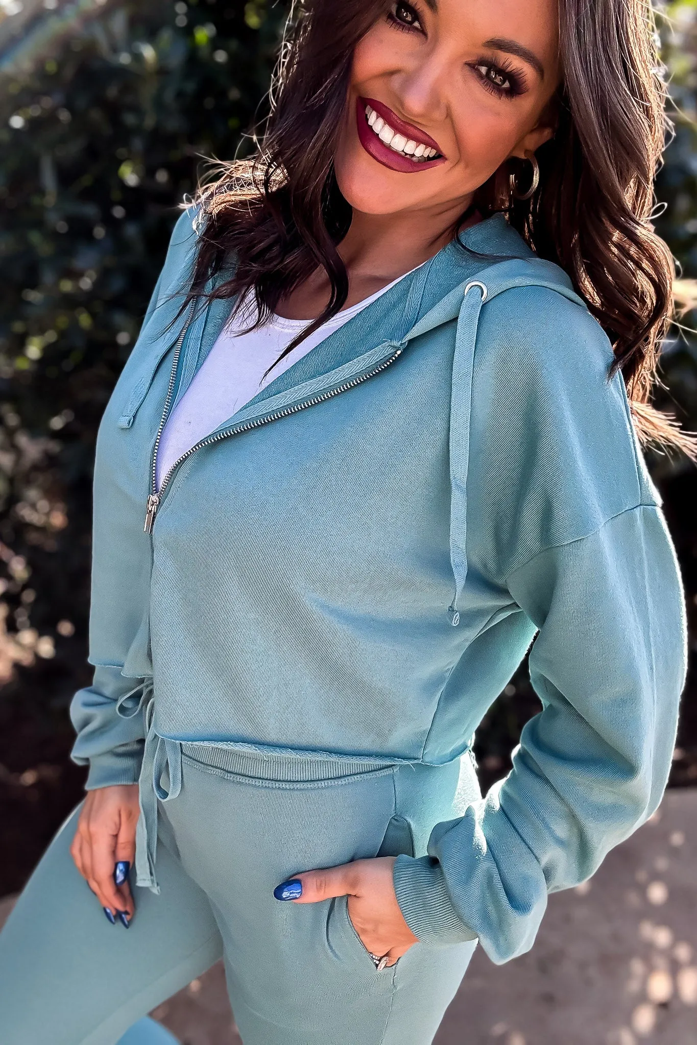 Mono B Grey Teal Crop Hoodie Zip-Up French Terry Jacket