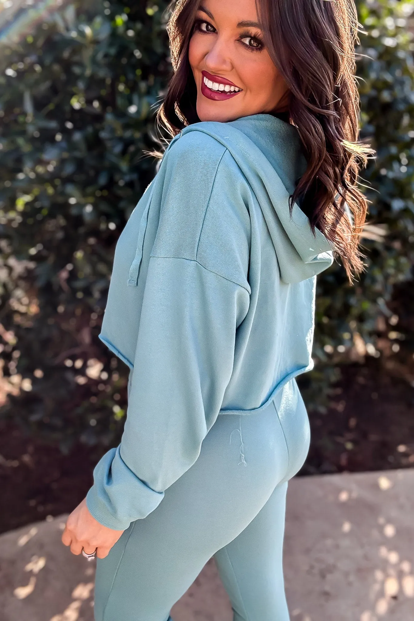 Mono B Grey Teal Crop Hoodie Zip-Up French Terry Jacket