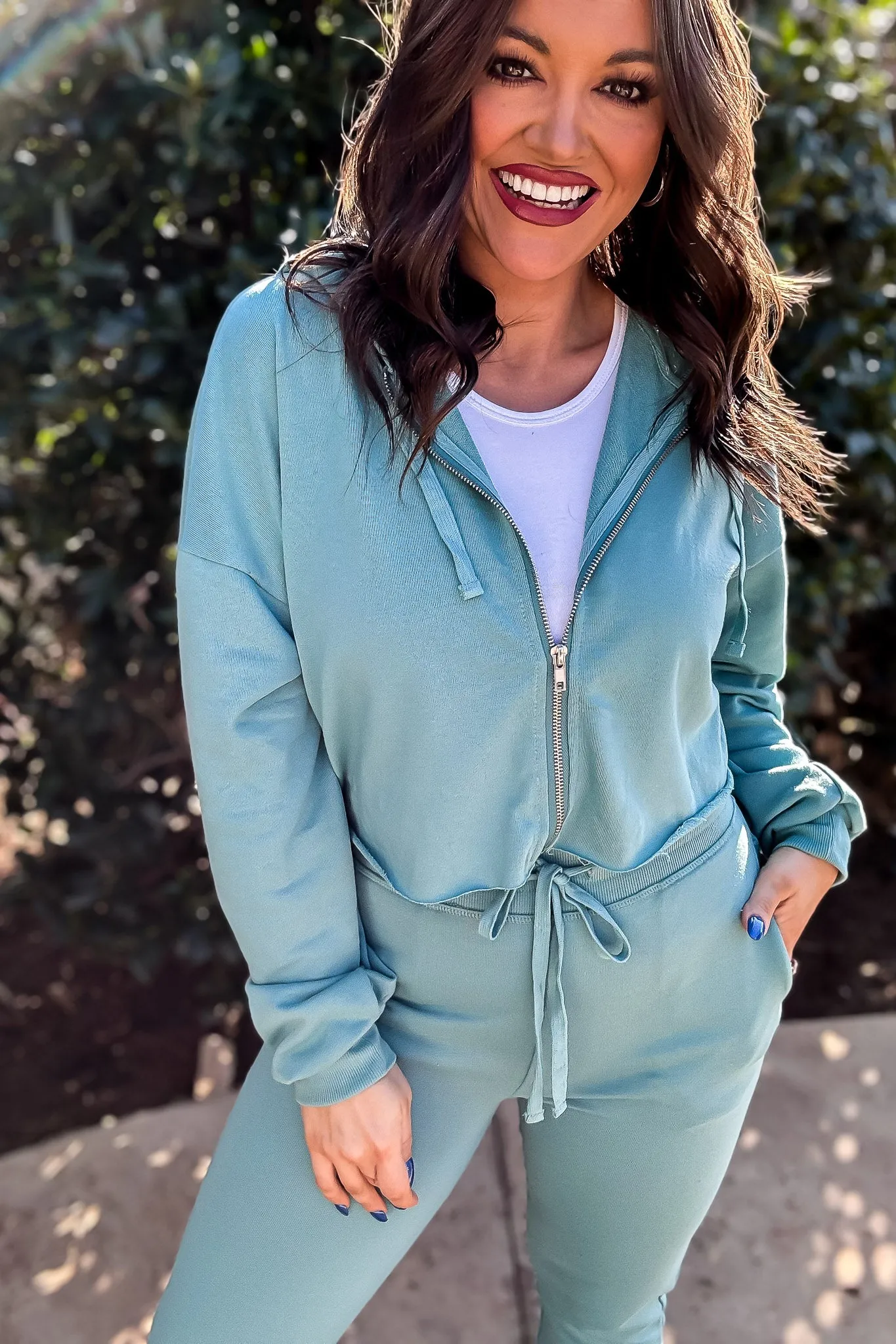 Mono B Grey Teal Crop Hoodie Zip-Up French Terry Jacket