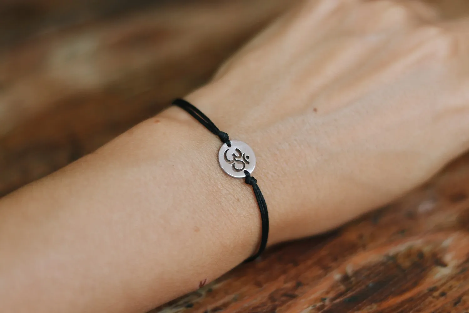 Om bracelet, waterproof bracelet, stainless steel silver Om charm, spiritual yoga jewelry, black cord, gift for her, custom size, mantra