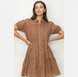 Pecan Brown Relaxed Tiered Shirt Dress