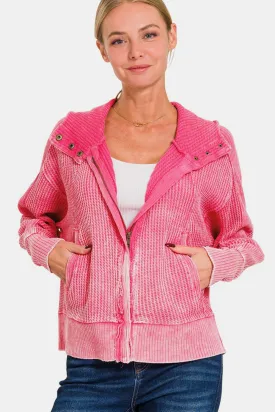 Pink Zip Up Sweater 100% Cotton Premium Luxury New Women's Fashion KESLEY Washed Zip Up Hooded Sweatshirt Jacket