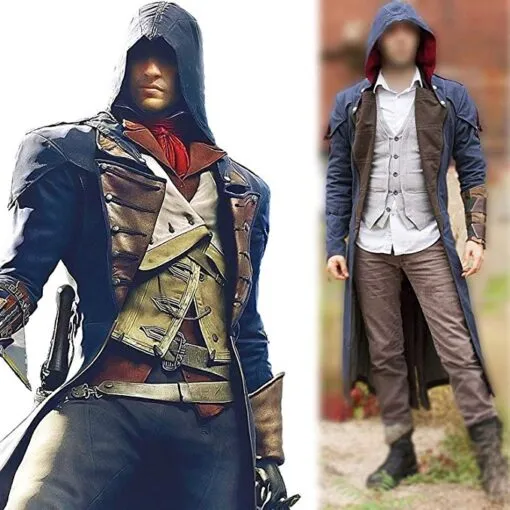 RW Authentic Sheepskin Assassin's Creed Unity Arno Victor Dorian Denim Cloak Cosplay Coat Hoodie Jacket Trench Coat