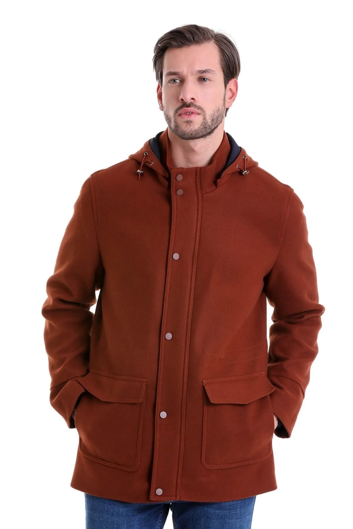 Slim Fit Cachet Stand Collar Brick Hooded Coat