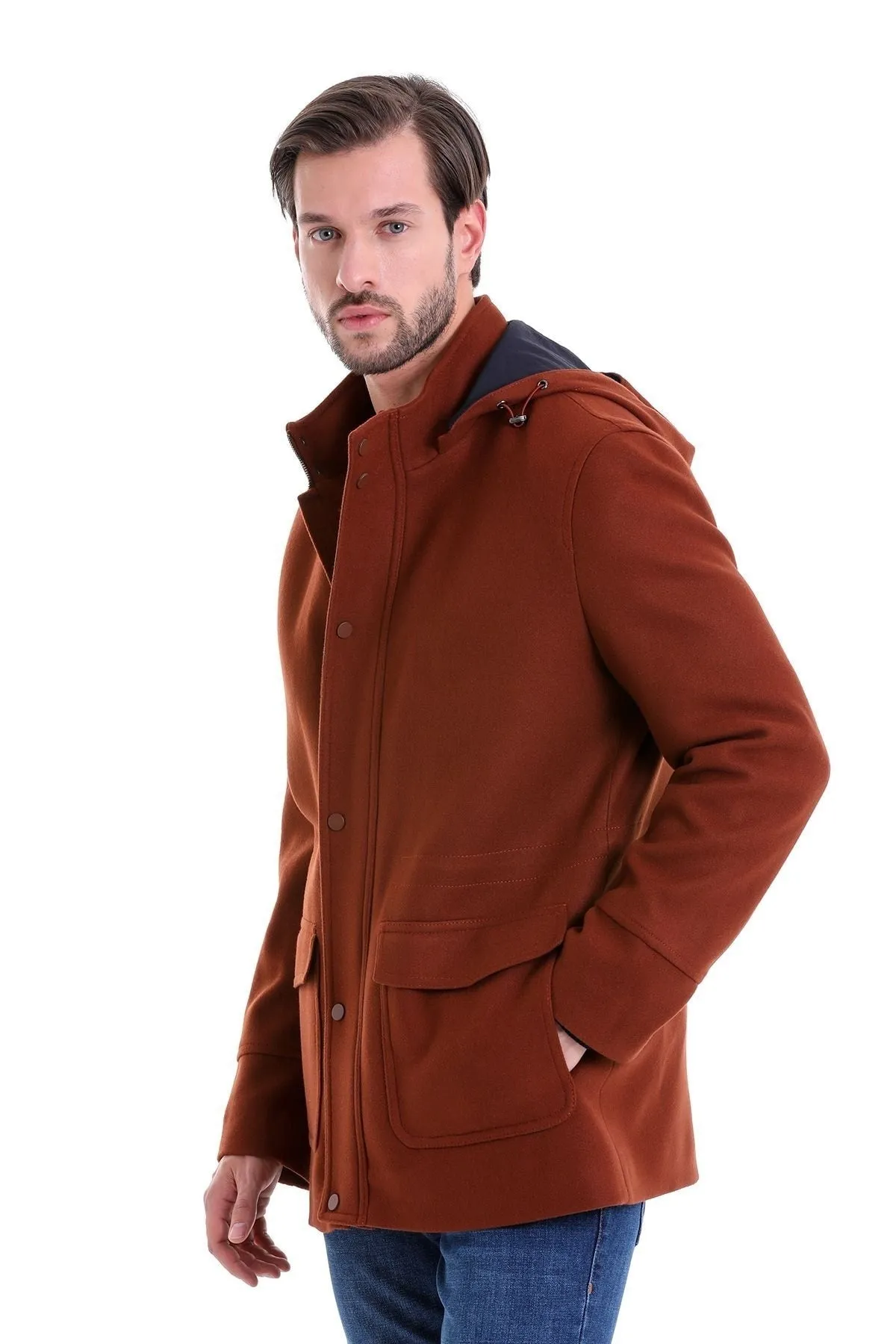 Slim Fit Cachet Stand Collar Brick Hooded Coat