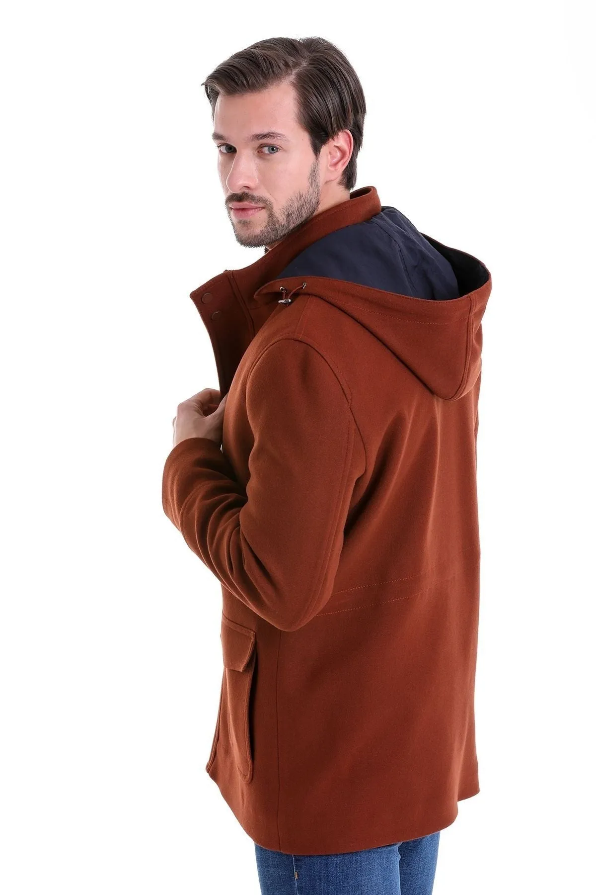 Slim Fit Cachet Stand Collar Brick Hooded Coat