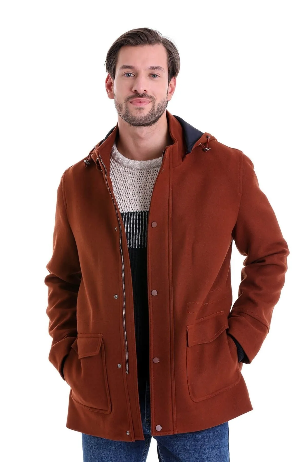 Slim Fit Cachet Stand Collar Brick Hooded Coat