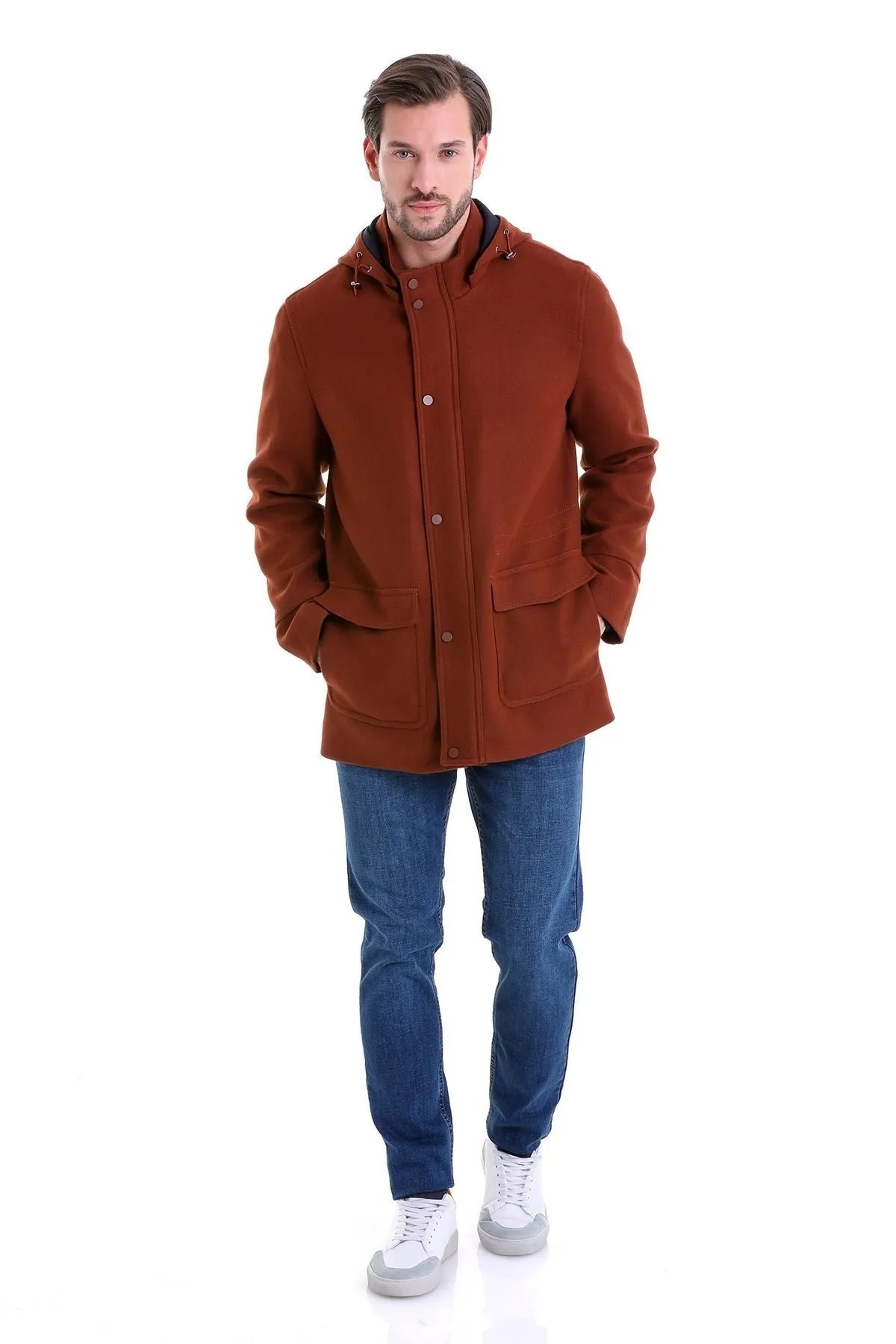 Slim Fit Cachet Stand Collar Brick Hooded Coat