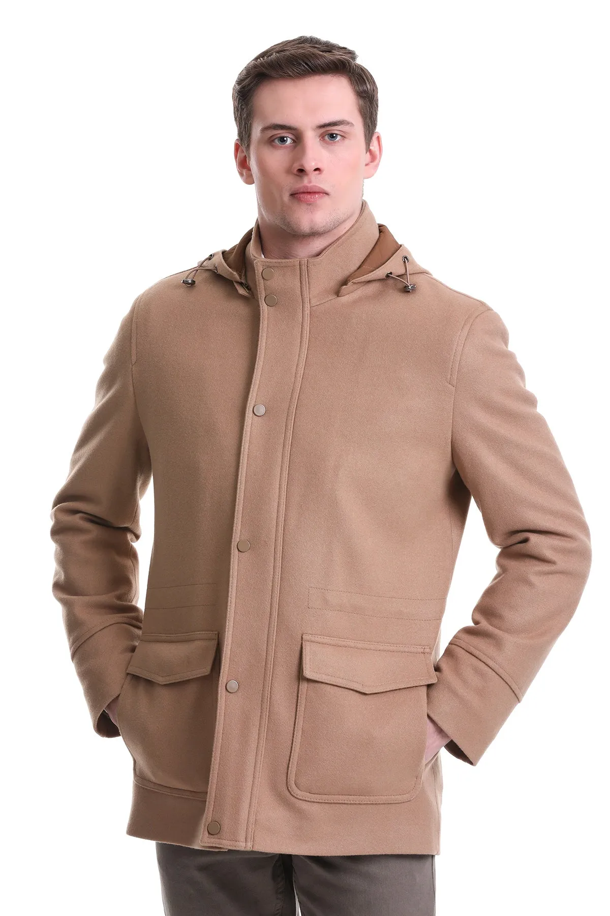 Slim Fit Cachet Stand Collar Camel Hooded Coat