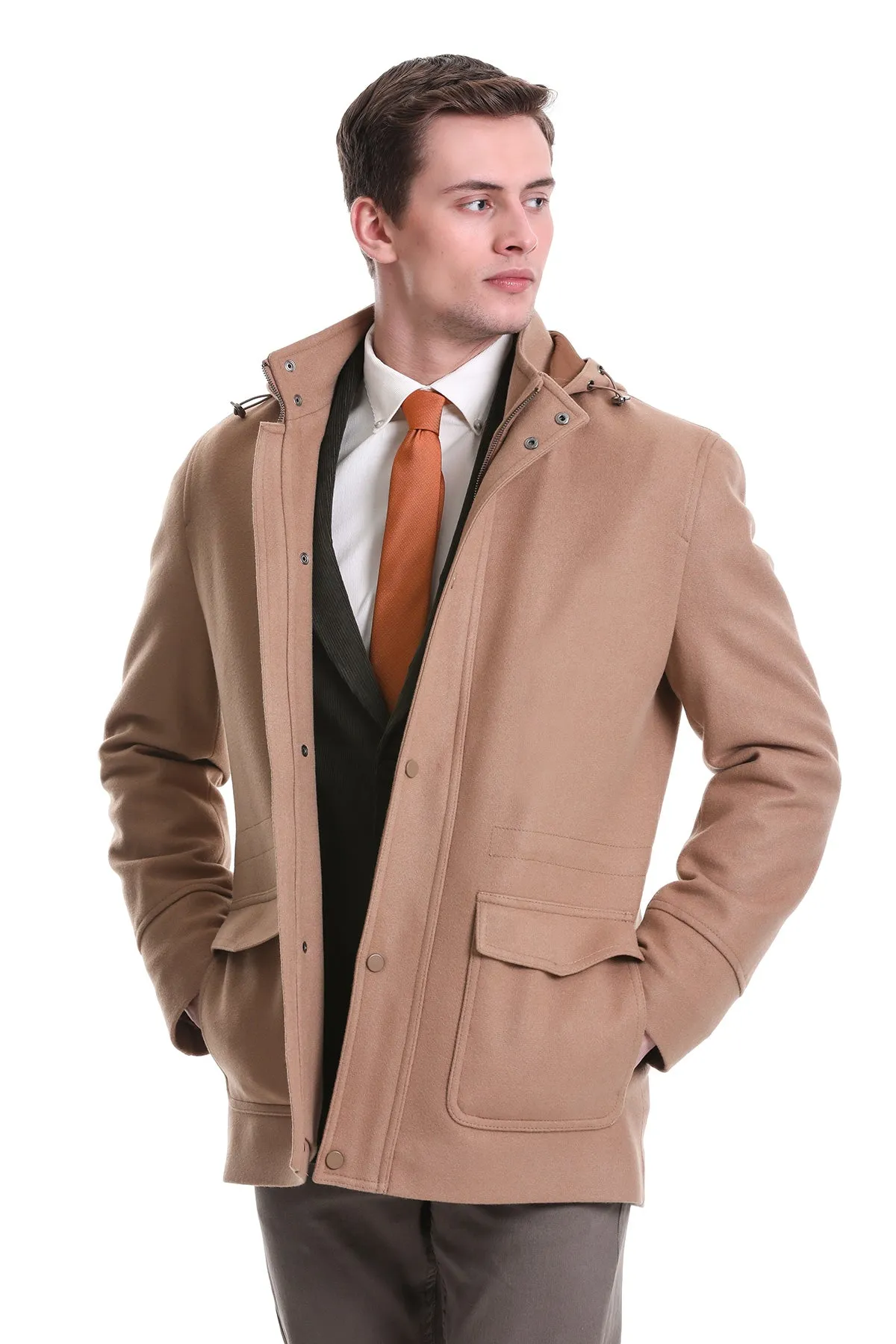 Slim Fit Cachet Stand Collar Camel Hooded Coat