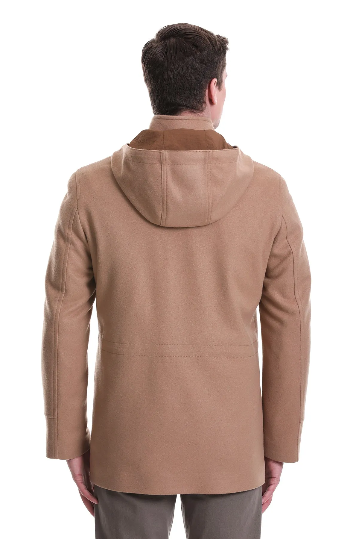 Slim Fit Cachet Stand Collar Camel Hooded Coat