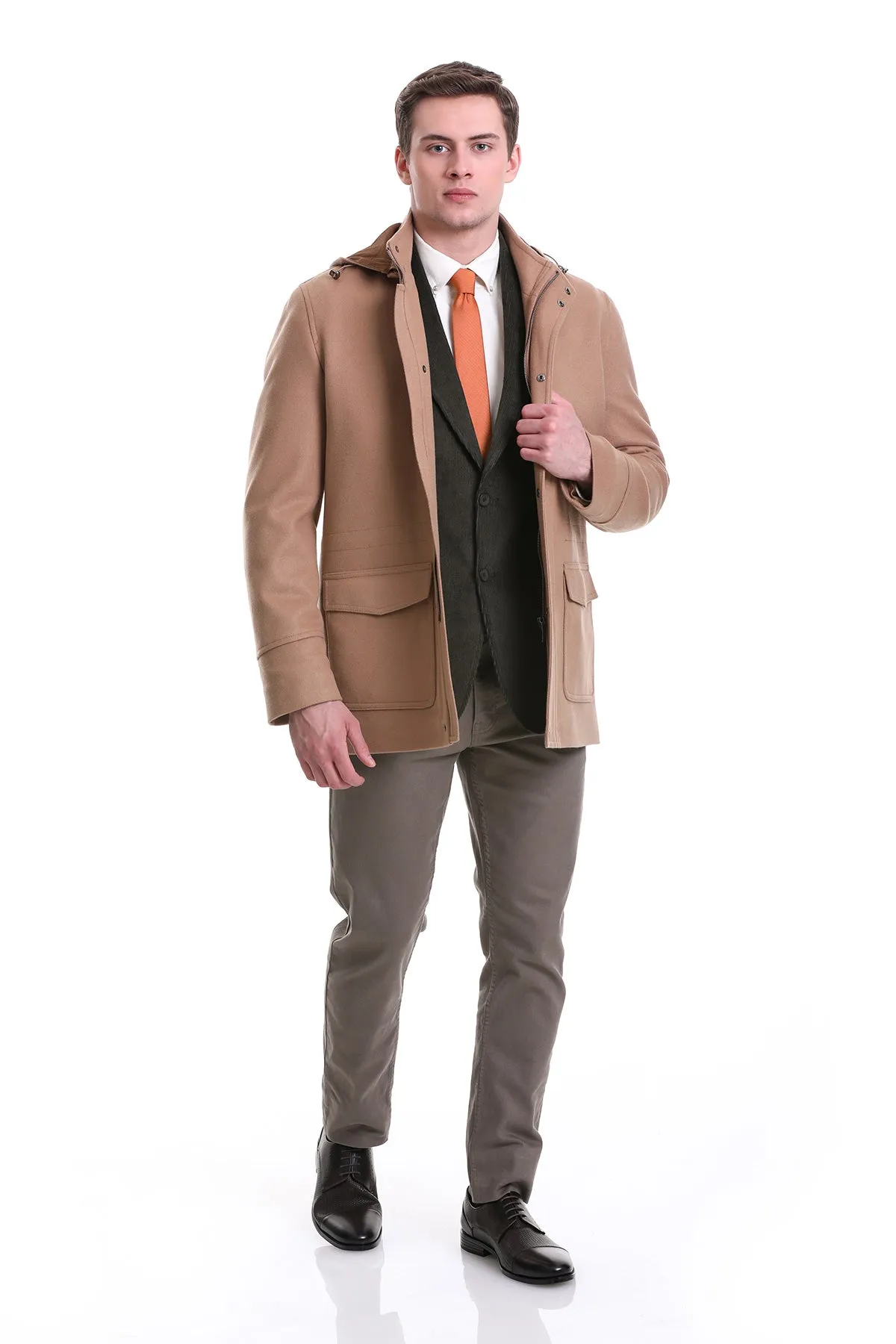 Slim Fit Cachet Stand Collar Camel Hooded Coat