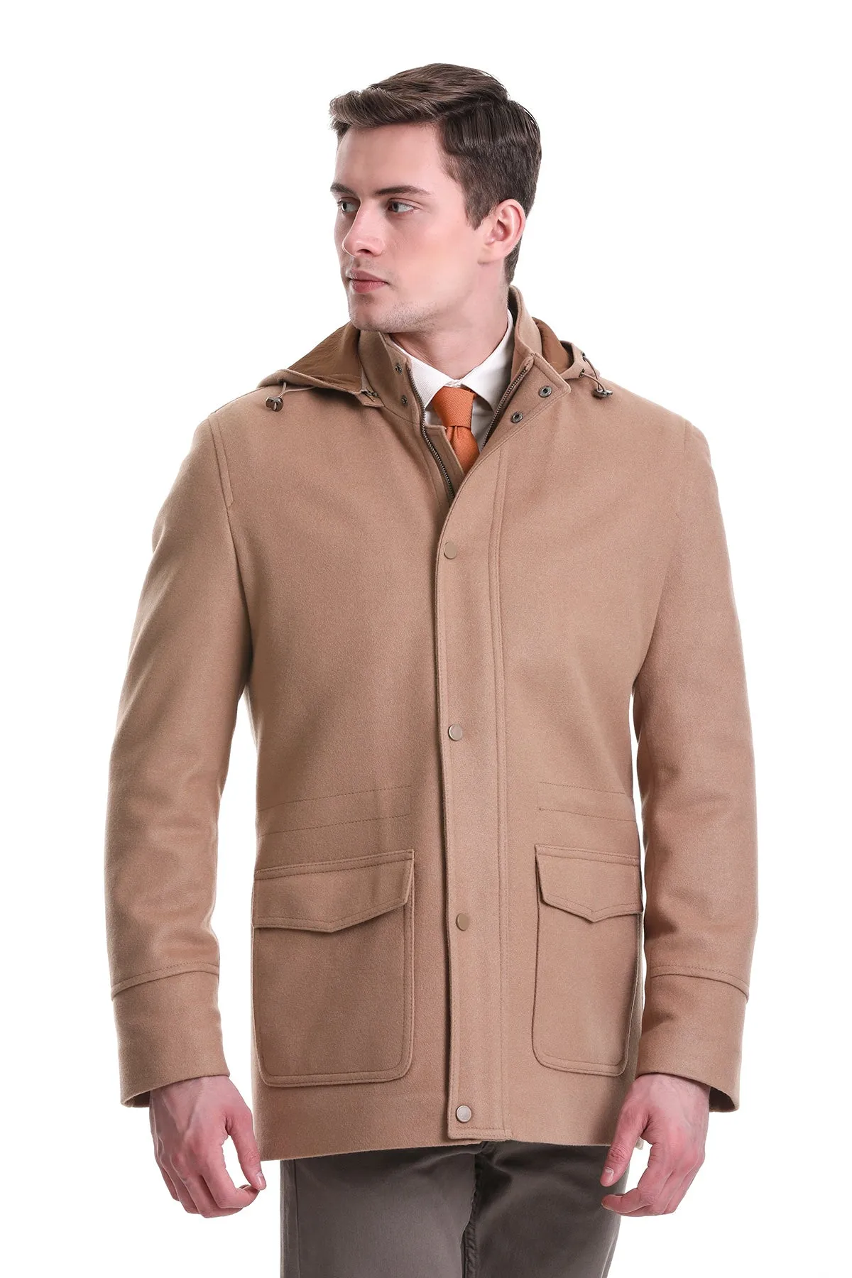 Slim Fit Cachet Stand Collar Camel Hooded Coat